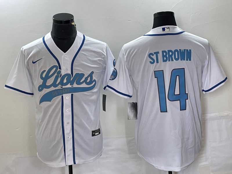 Mens Detroit Lions #14 Amon Ra St Brown White With Patch Cool Base Stitched Baseball Jersey